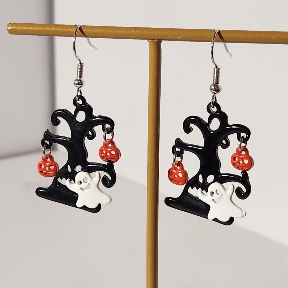 Halloween Haunted Tree Ghost Pumpkin Dangle Earrings Black Orange Spooky 2.0" - Picture 3 of 5